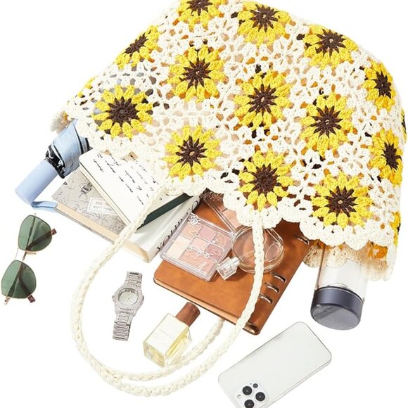 Neiman Marcus White Floral Sunflower Knitted Beach Straw Tote Bag - Picture 6 of 6
